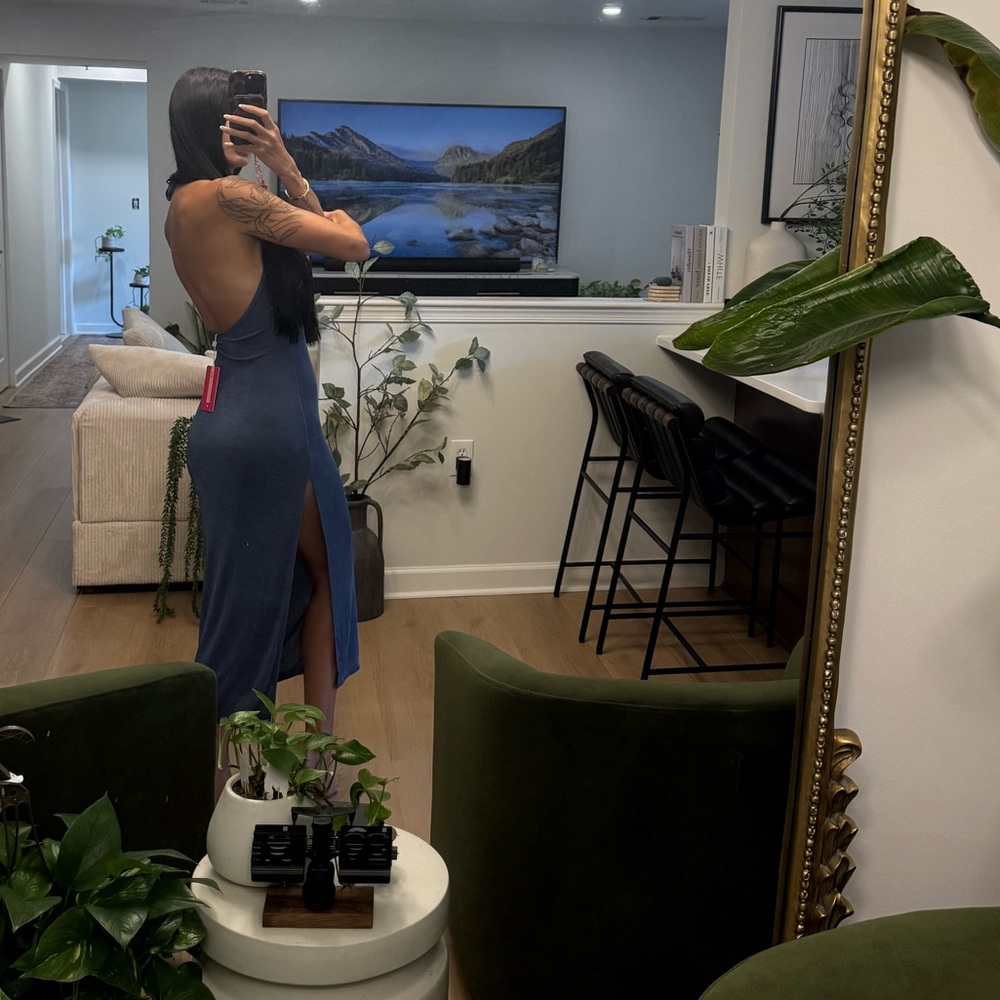 Beginning Boutique - Paige Blue Deep Plunge Midi Dress - Picture 8 of 8